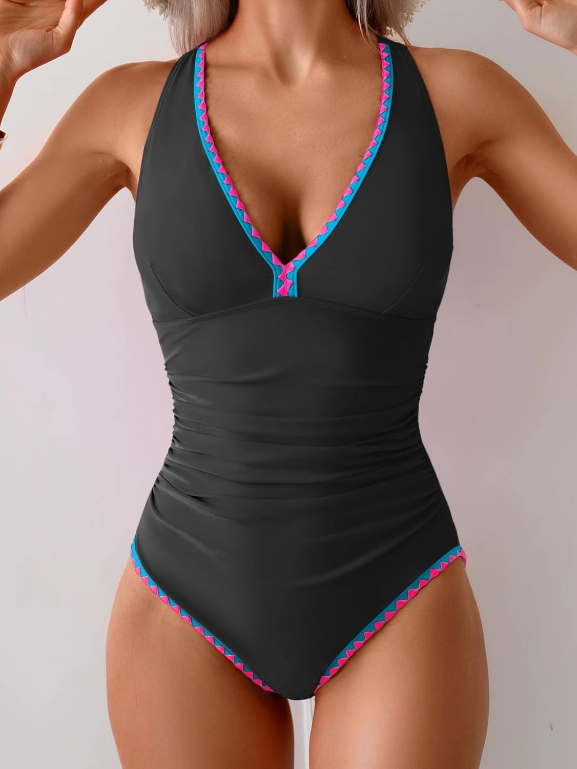 B2prity One Piece Swimsuit for Women Tummy Control Ruched Bathing Suit Push Up Tie Back Swimwear Shell Stitched