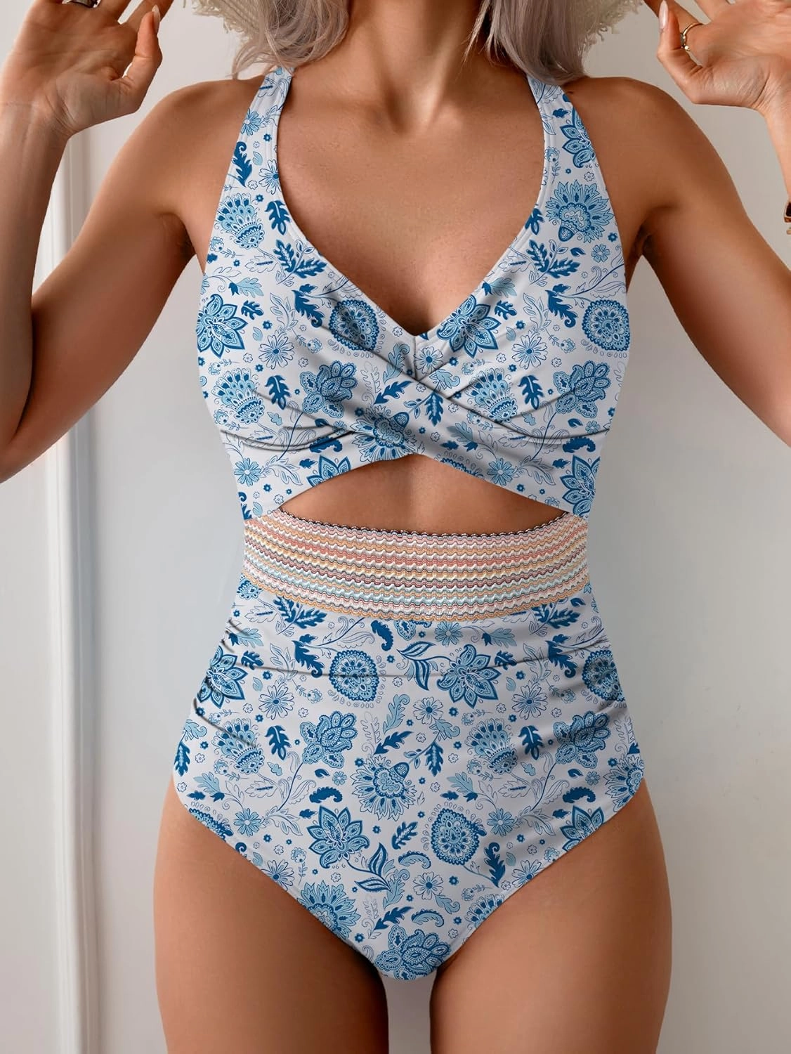 B2prity One Piece Swimsuit for Women Tummy Control V Neck Bathing Suit Color Block High Waisted Cutout Swimwear