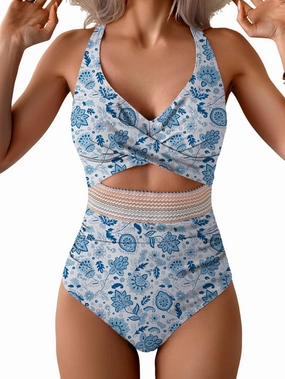 B2prity One Piece Swimsuit for Women Tummy Control V Neck Bathing Suit Color Block High Waisted Cutout Swimwear