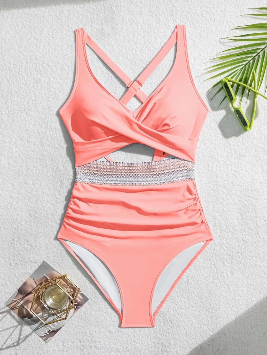 B2prity One Piece Swimsuit for Women Tummy Control V Neck Bathing Suit Color Block High Waisted Cutout Swimwear