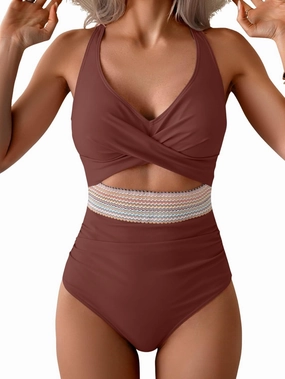 B2prity One Piece Swimsuit for Women Tummy Control V Neck Bathing Suit Color Block High Waisted Cutout Swimwear