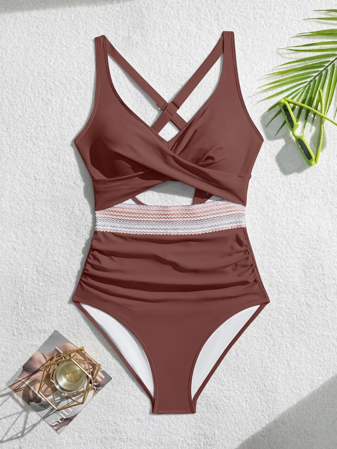B2prity One Piece Swimsuit for Women Tummy Control V Neck Bathing Suit Color Block High Waisted Cutout Swimwear