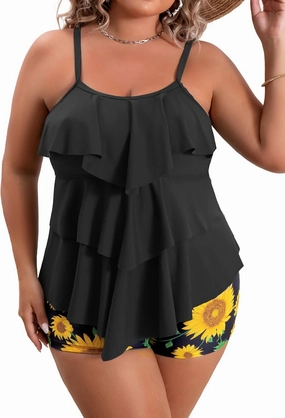 B2prity Women Plus Size Tankini Swimsuits Tummy Control Two Piece Bathing Suit Ruffled Flounce Swimwear with Shorts