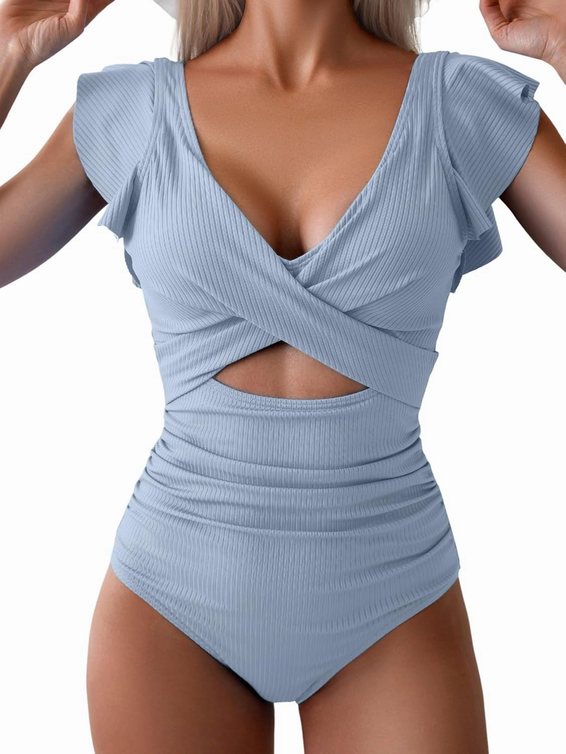 B2prity Women's One Piece Swimsuit Ruffle Cutout Bathing Suits Slimming Tummy Control V Neck Wrap Swimwear