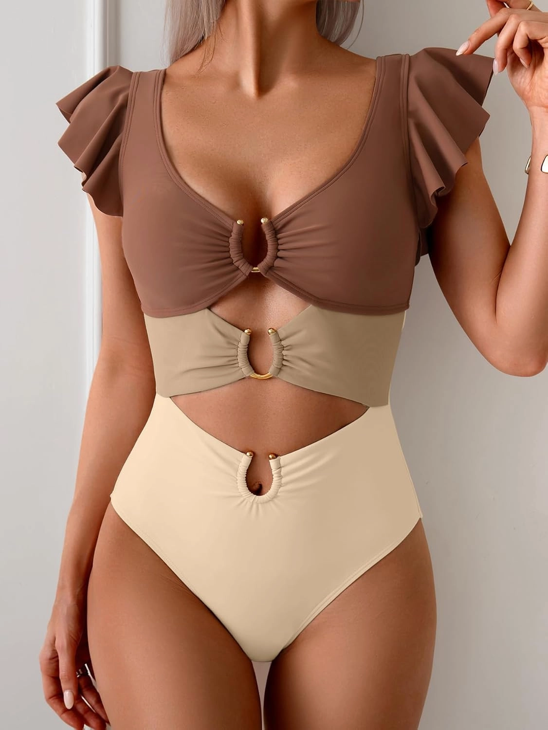 B2prity Women's One Piece Swimsuit Ruffle Sleeve Cut Out Bathing Suit Tie Back High Waisted Swim Suit