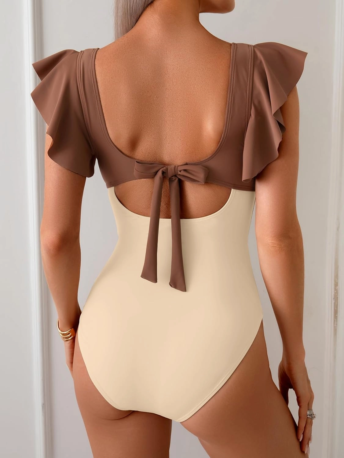 B2prity Women's One Piece Swimsuit Ruffle Sleeve Cut Out Bathing Suit Tie Back High Waisted Swim Suit