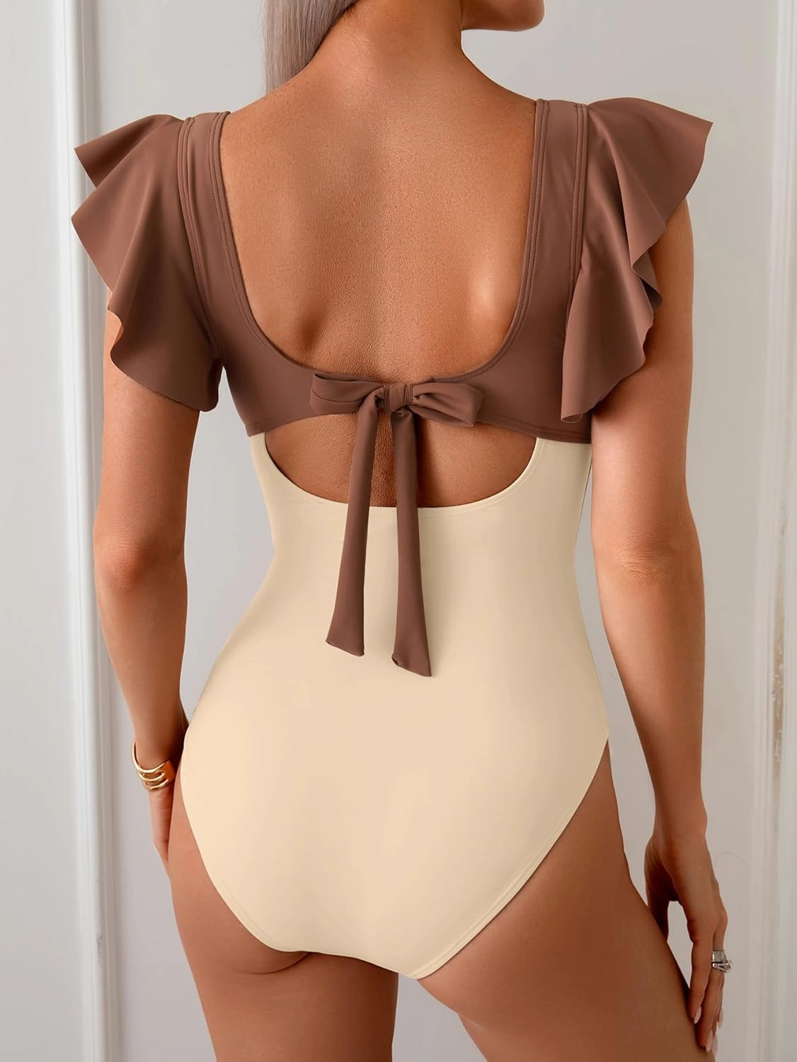 B2prity Women's One Piece Swimsuit Ruffle Sleeve Cut Out Bathing Suit Tie Back High Waisted Swim Suit