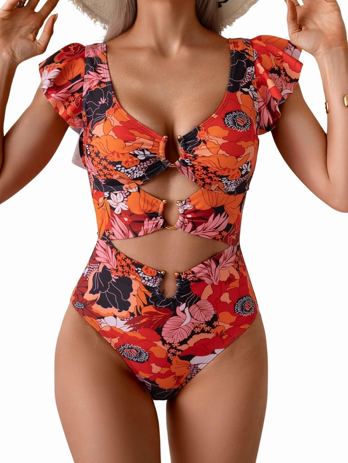 B2prity Women's One Piece Swimsuit Ruffle Sleeve Cut Out Bathing Suit Tie Back High Waisted Swim Suit
