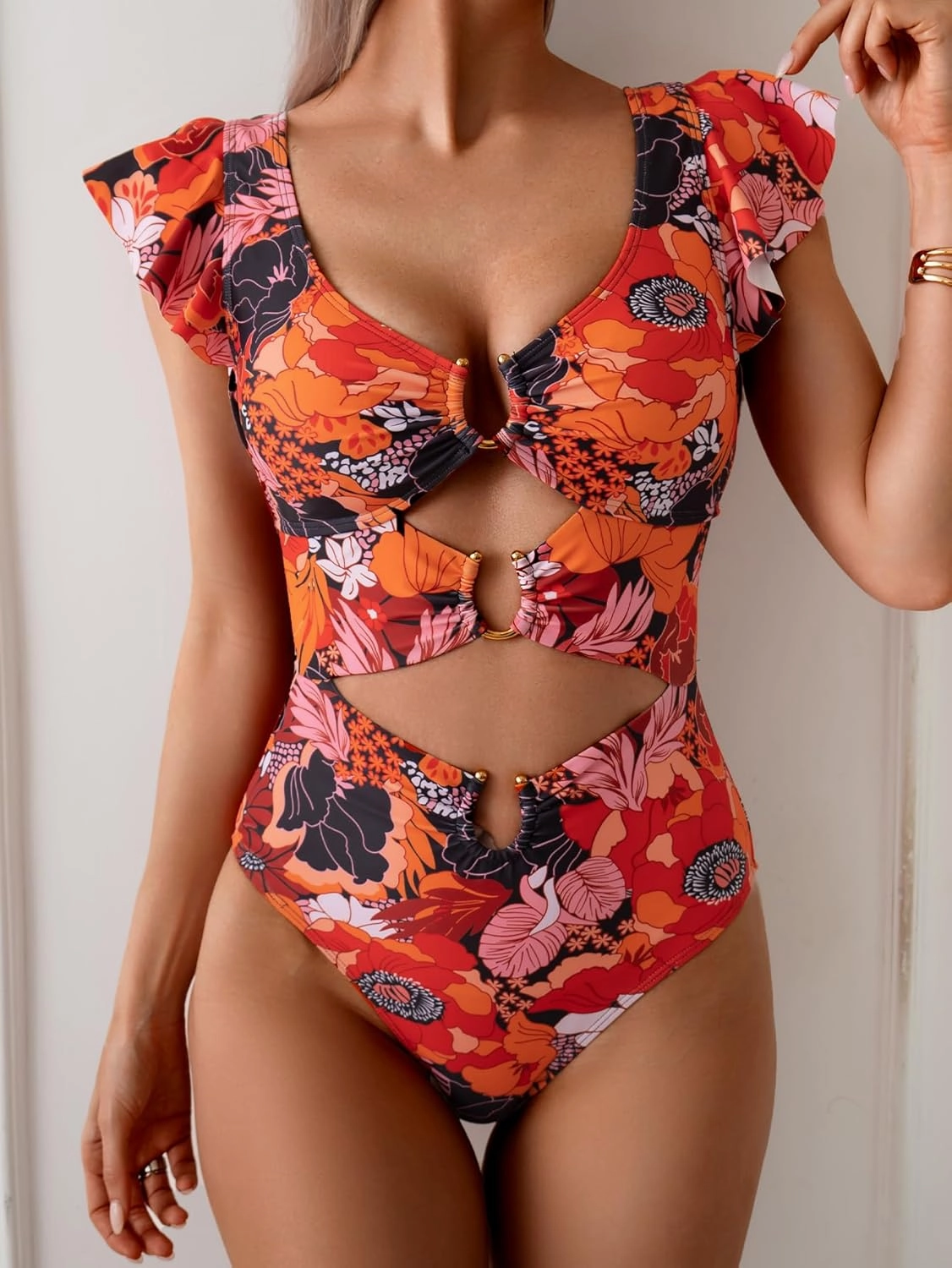 B2prity Women's One Piece Swimsuit Ruffle Sleeve Cut Out Bathing Suit Tie Back High Waisted Swim Suit