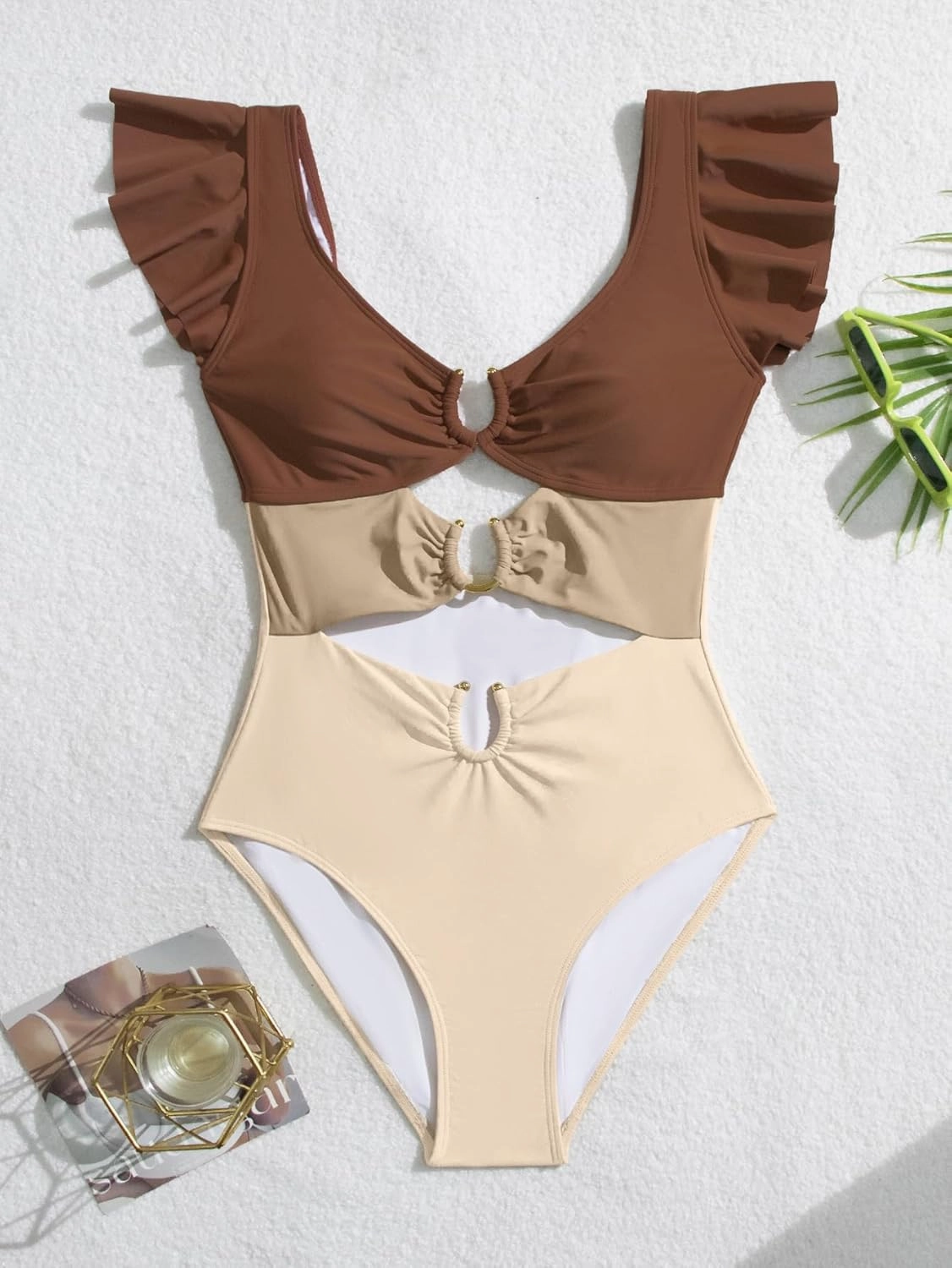B2prity Women's One Piece Swimsuit Ruffle Sleeve Cut Out Bathing Suit Tie Back High Waisted Swim Suit
