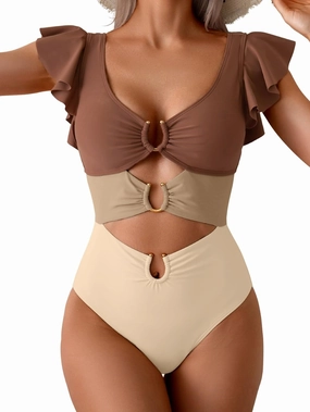 B2prity Women's One Piece Swimsuit Ruffle Sleeve Cut Out Bathing Suit Tie Back High Waisted Swim Suit