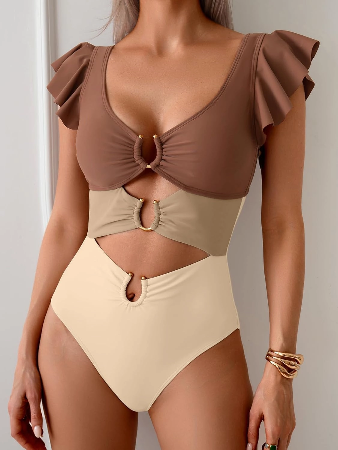 B2prity Women's One Piece Swimsuit Ruffle Sleeve Cut Out Bathing Suit Tie Back High Waisted Swim Suit