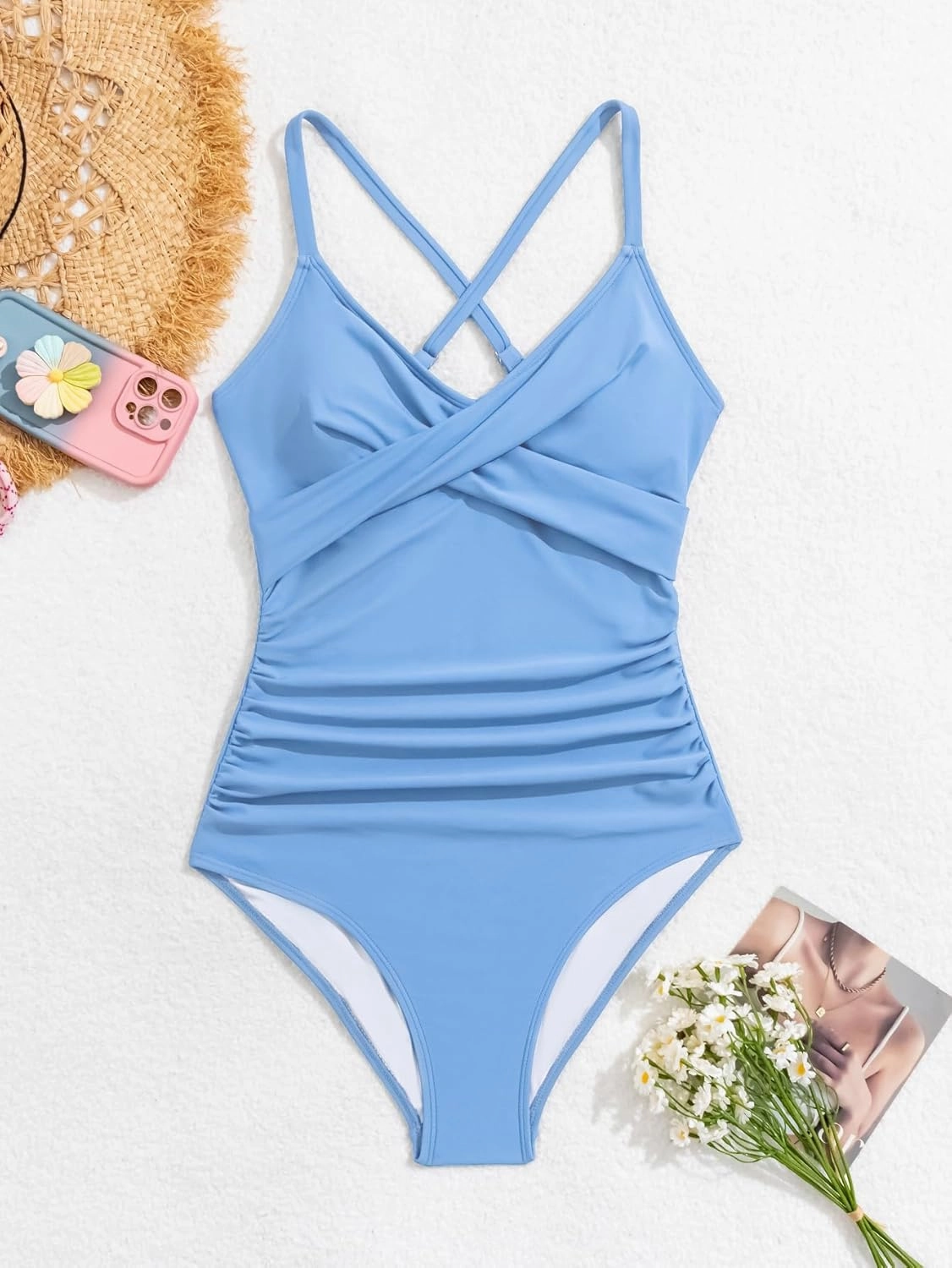 B2prity Women's One Piece Swimsuits Tummy Control Front Cross Bathing Suits Tie Back Slimming V Neck Swimwear