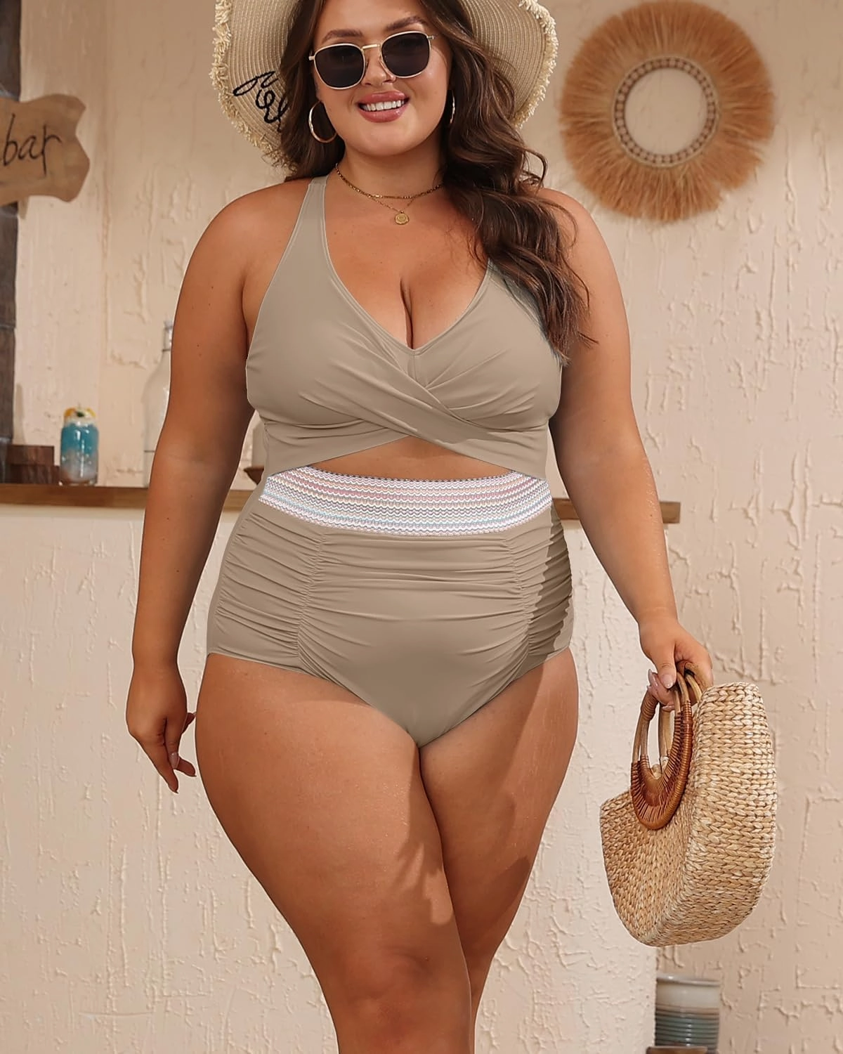 B2prity Women's Plus Size One Piece Swimsuit Tummy Control V Neck Bathing Suit Ruched High Waisted Cutout Swimwear