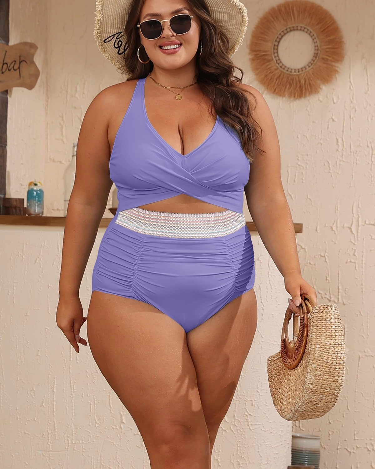 B2prity Women's Plus Size One Piece Swimsuit Tummy Control V Neck Bathing Suit Ruched High Waisted Cutout Swimwear