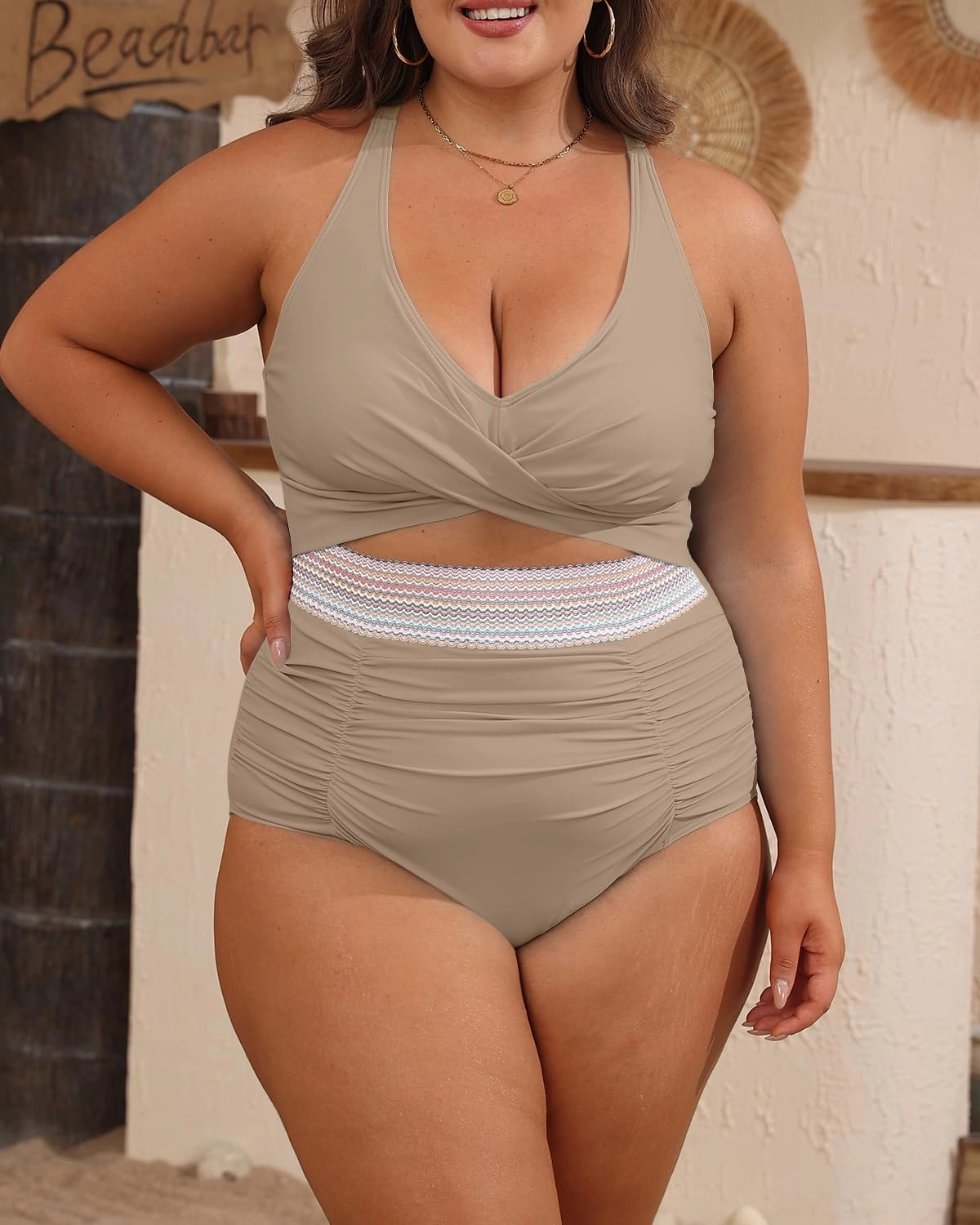 B2prity Women's Plus Size One Piece Swimsuit Tummy Control V Neck Bathing Suit Ruched High Waisted Cutout Swimwear