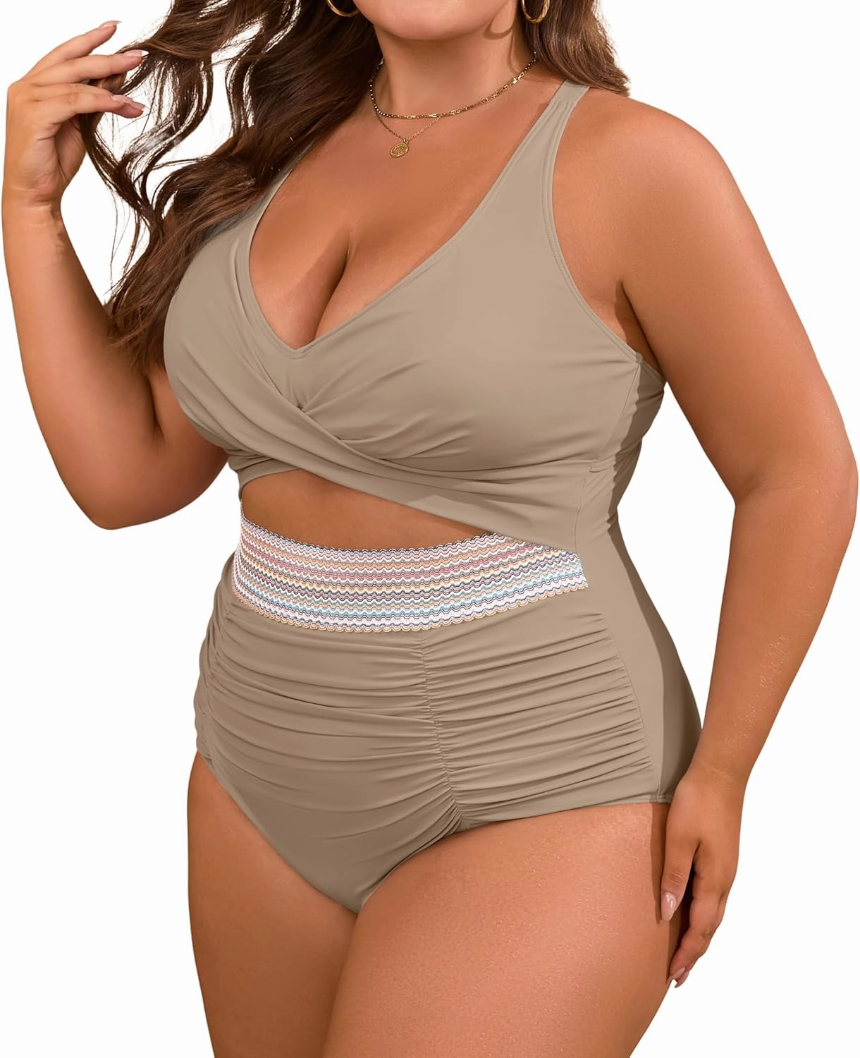 B2prity Women's Plus Size One Piece Swimsuit Tummy Control V Neck Bathing Suit Ruched High Waisted Cutout Swimwear