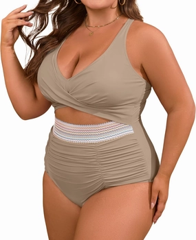 B2prity Women's Plus Size One Piece Swimsuit Tummy Control V Neck Bathing Suit Ruched High Waisted Cutout Swimwear