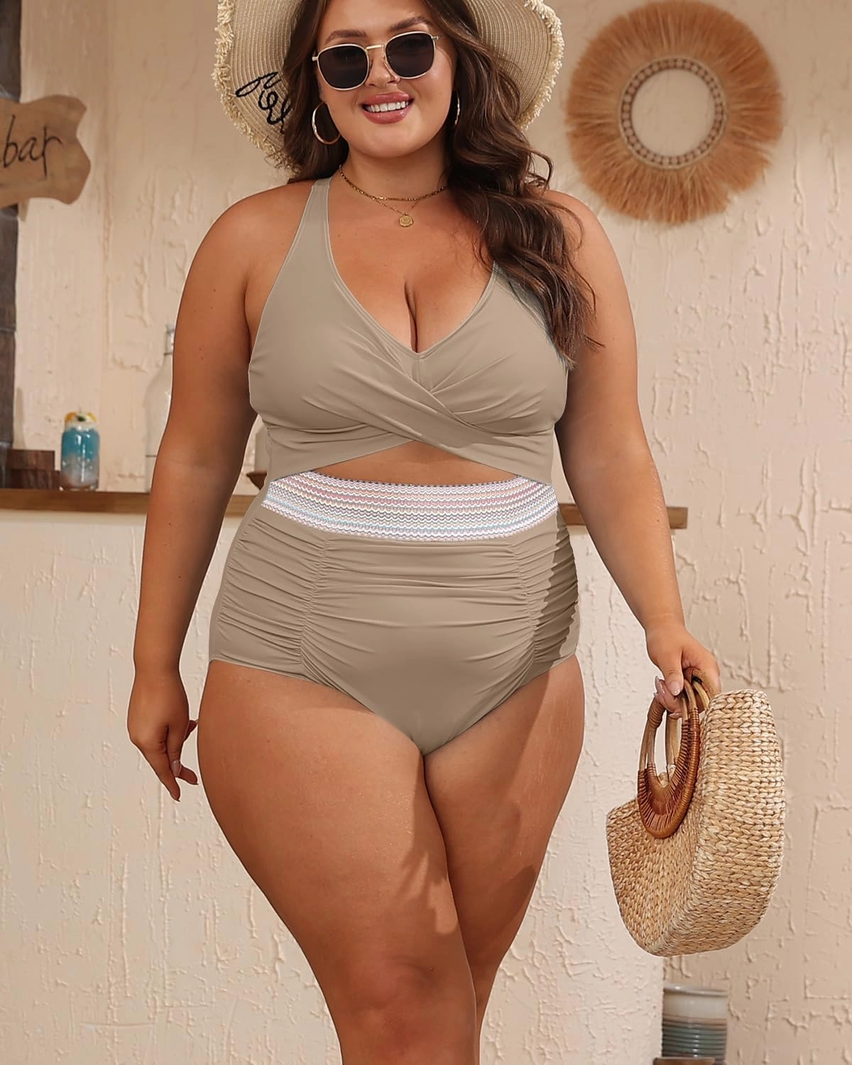 B2prity Women's Plus Size One Piece Swimsuit Tummy Control V Neck Bathing Suit Ruched High Waisted Cutout Swimwear