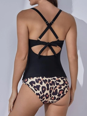 B2prity Women's Ruched Tankini Swimsuits V Neck Wrap Tie Back Two Pieces Bathing Suit Tummy Control Swimwear