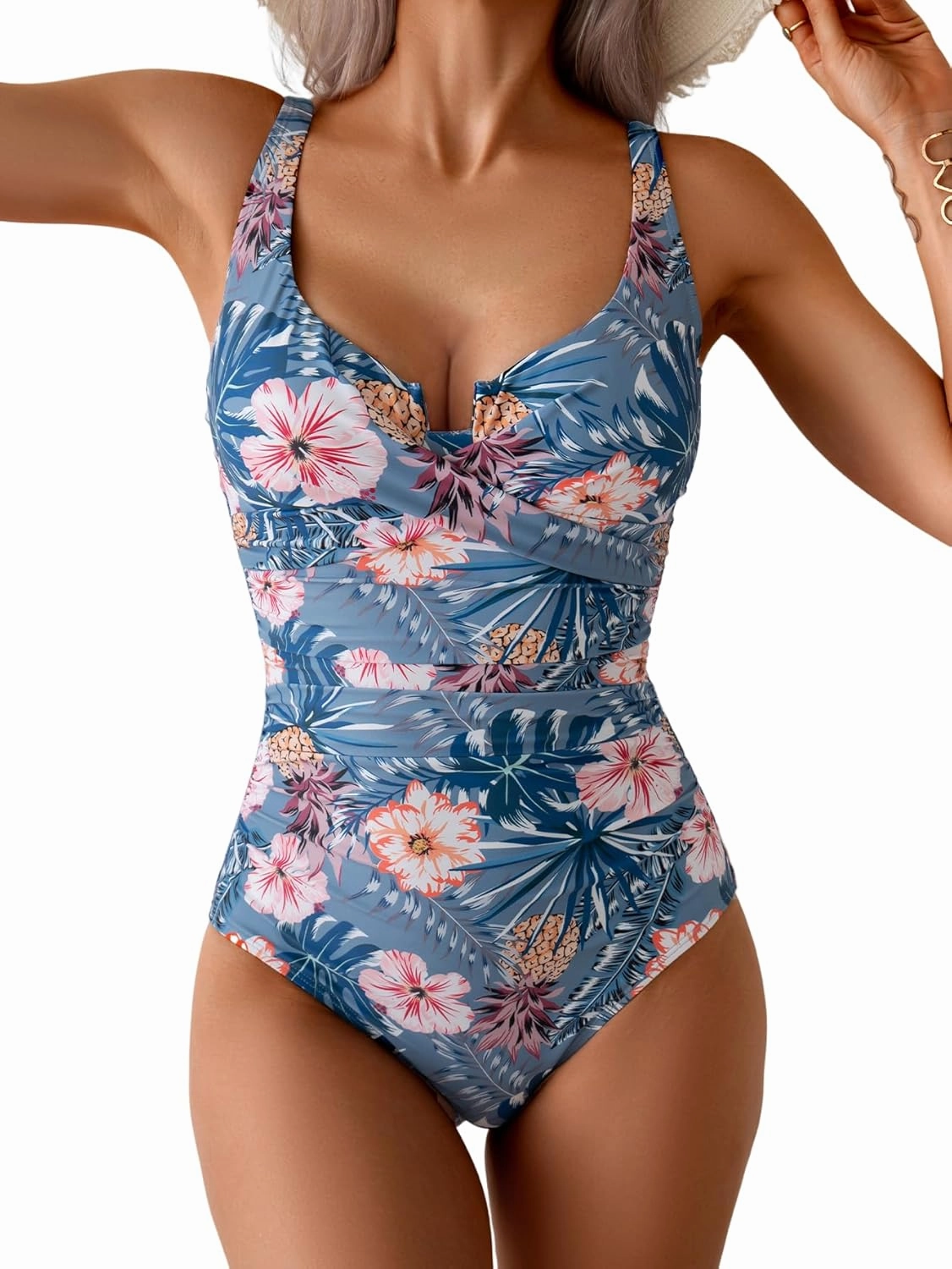 B2prity Women's Underwire One Piece Swimsuit Tummy Control Ruched Bathing Suit Criss Cross V Neck Swimwear