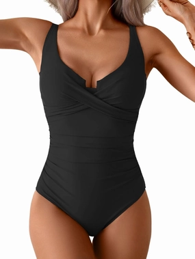B2prity Women's Underwire One Piece Swimsuit Tummy Control Ruched Bathing Suit Criss Cross V Neck Swimwear