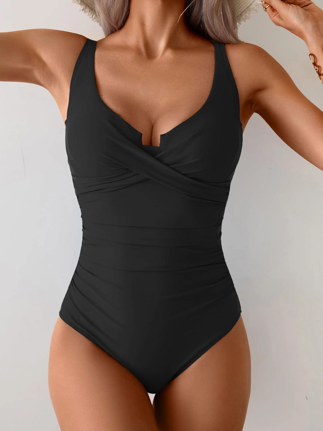 B2prity Women's Underwire One Piece Swimsuit Tummy Control Ruched Bathing Suit Criss Cross V Neck Swimwear