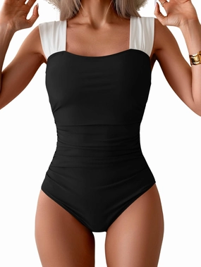 B2prity Womens One Piece Swimsuit Retro Square Neck Tummy Control Bathing Suits Ruched Modest Full Coverage Swimwear