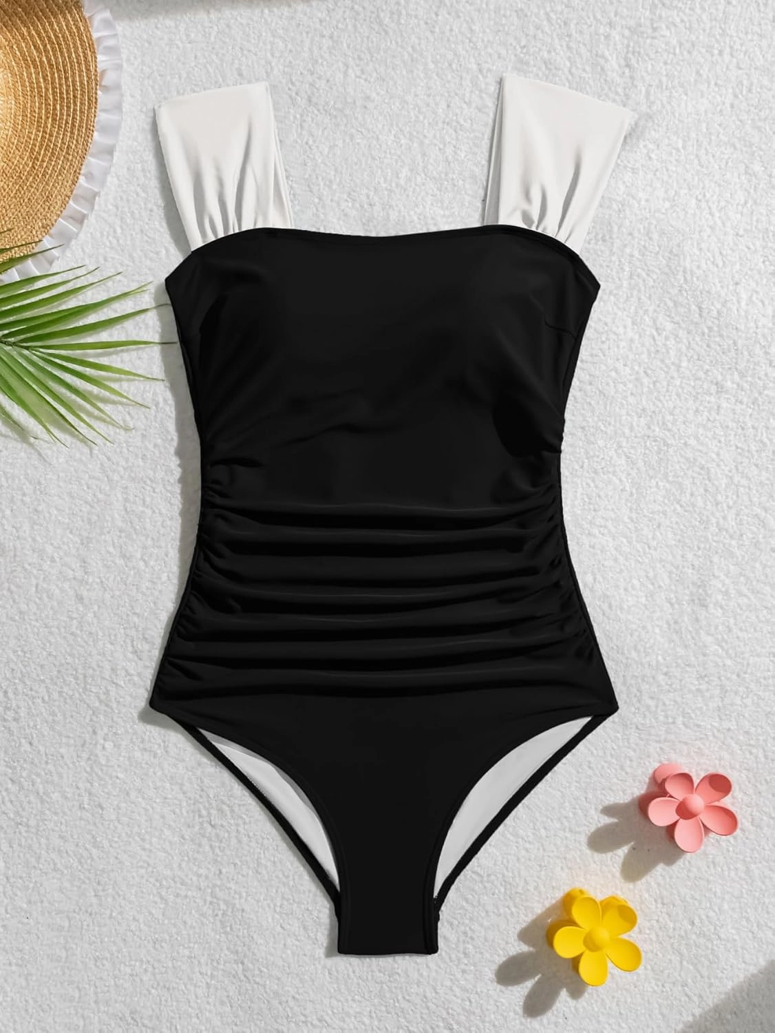 B2prity Womens One Piece Swimsuit Retro Square Neck Tummy Control Bathing Suits Ruched Modest Full Coverage Swimwear
