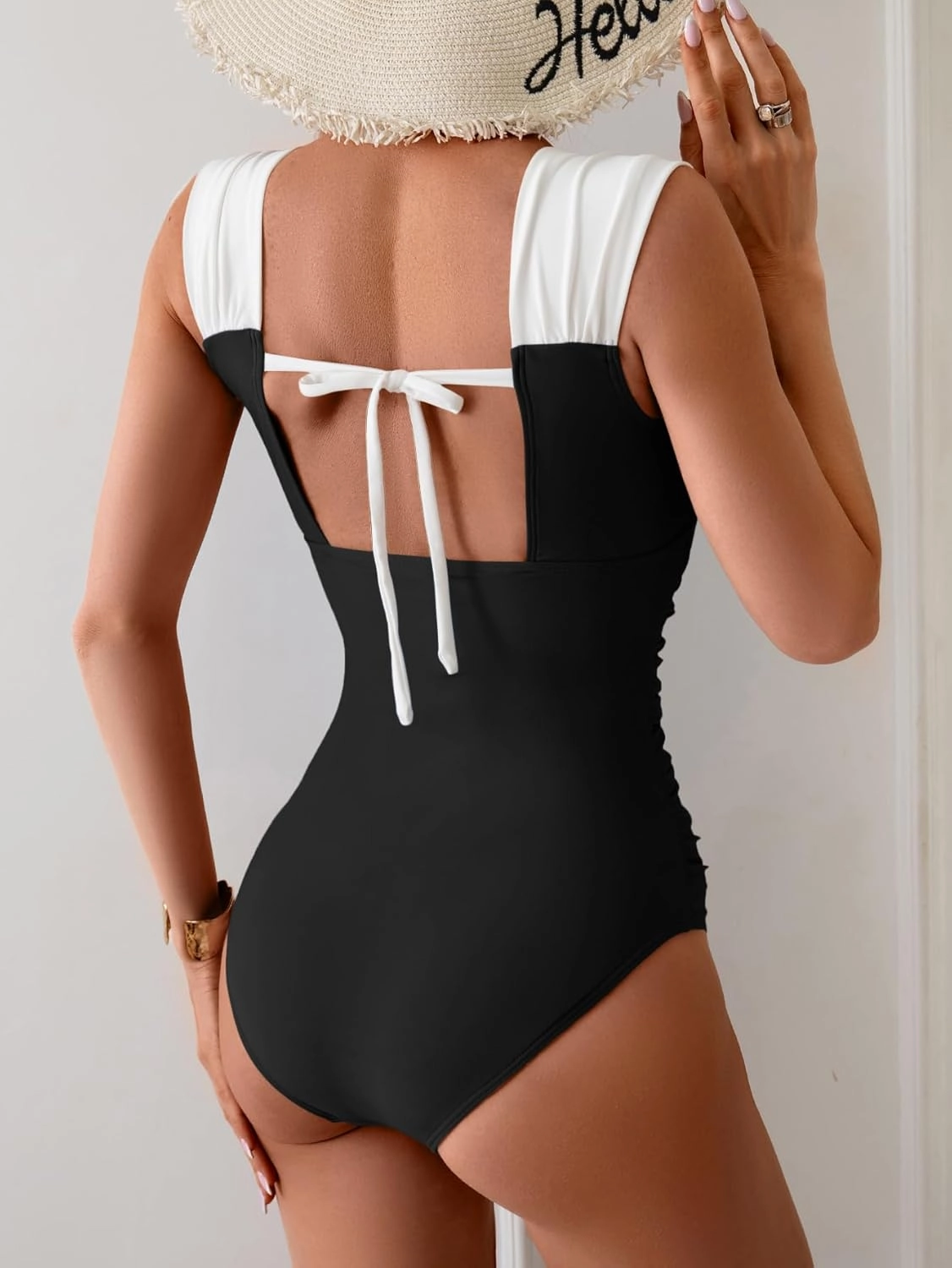 B2prity Womens One Piece Swimsuit Retro Square Neck Tummy Control Bathing Suits Ruched Modest Full Coverage Swimwear