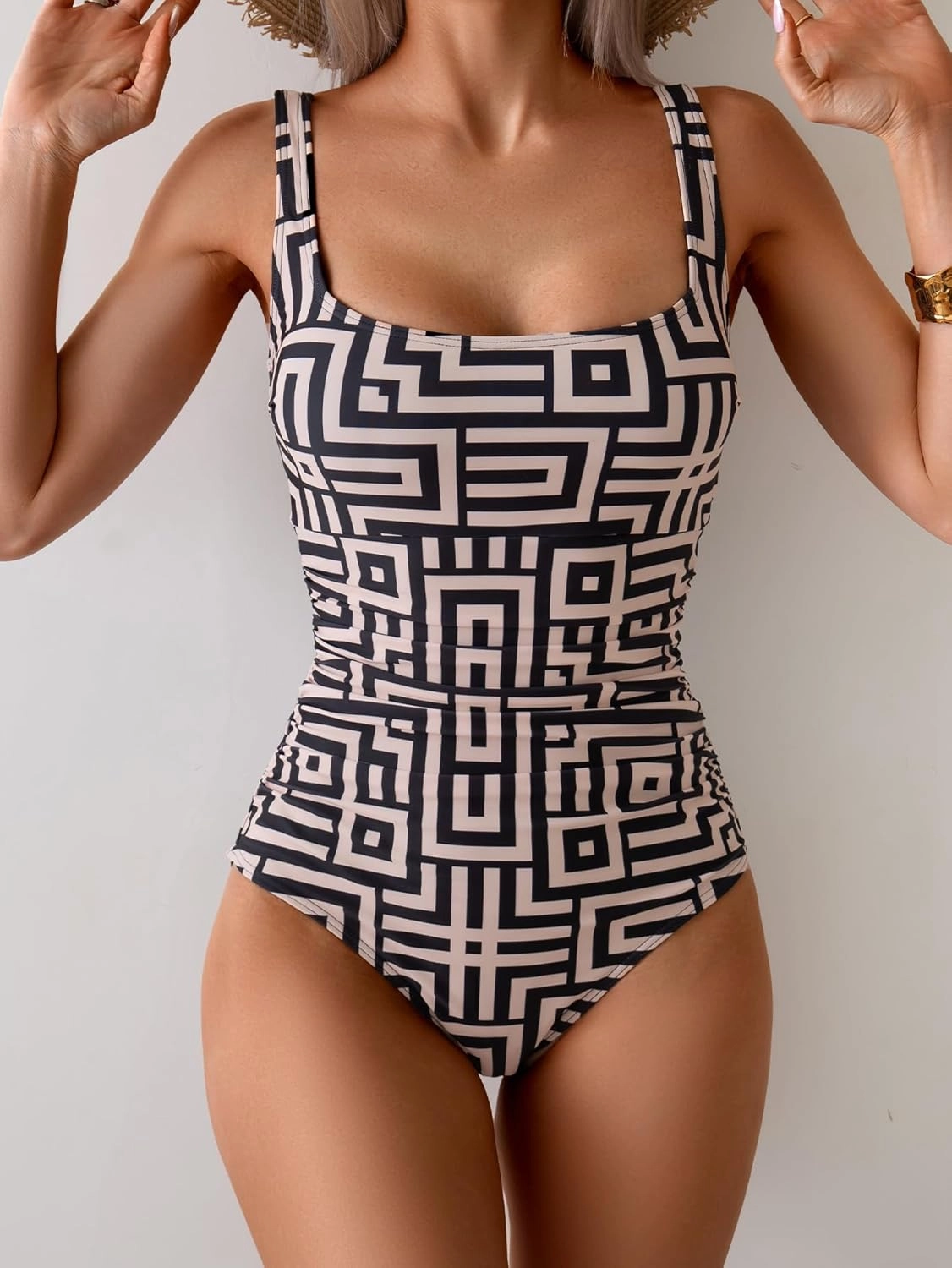 B2prity Womens One Piece Swimsuit Tummy Control Slimming Bathing Suit High Waisted Ruched Swim Suit Color Block Swimwear