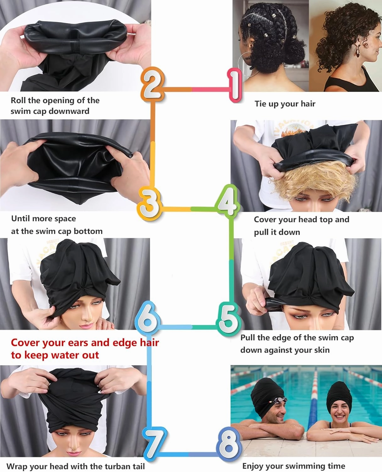 Babalet Large Swim Turban for Women Waterproof Silicone Lined Swim Cap for Long Hair