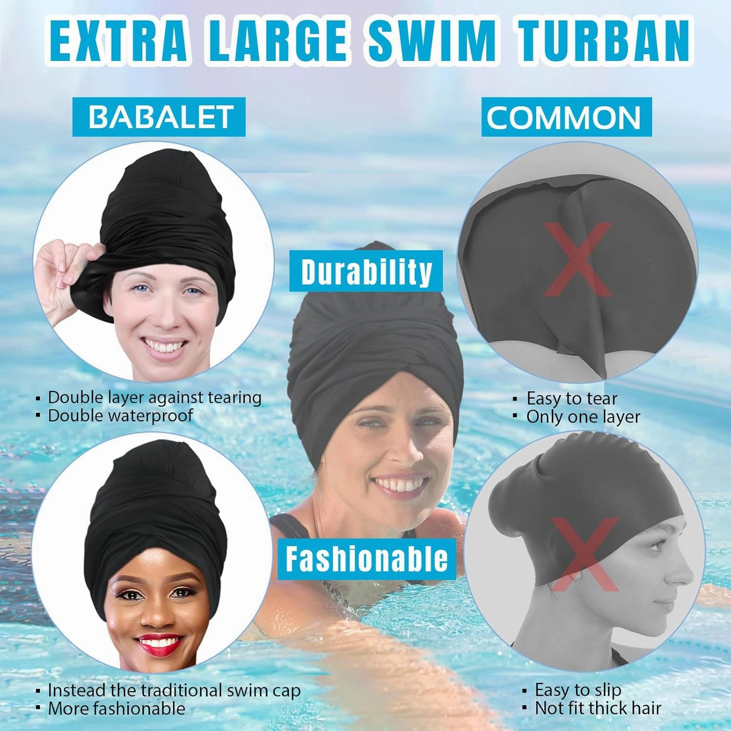 Babalet Large Swim Turban for Women Waterproof Silicone Lined Swim Cap for Long Hair