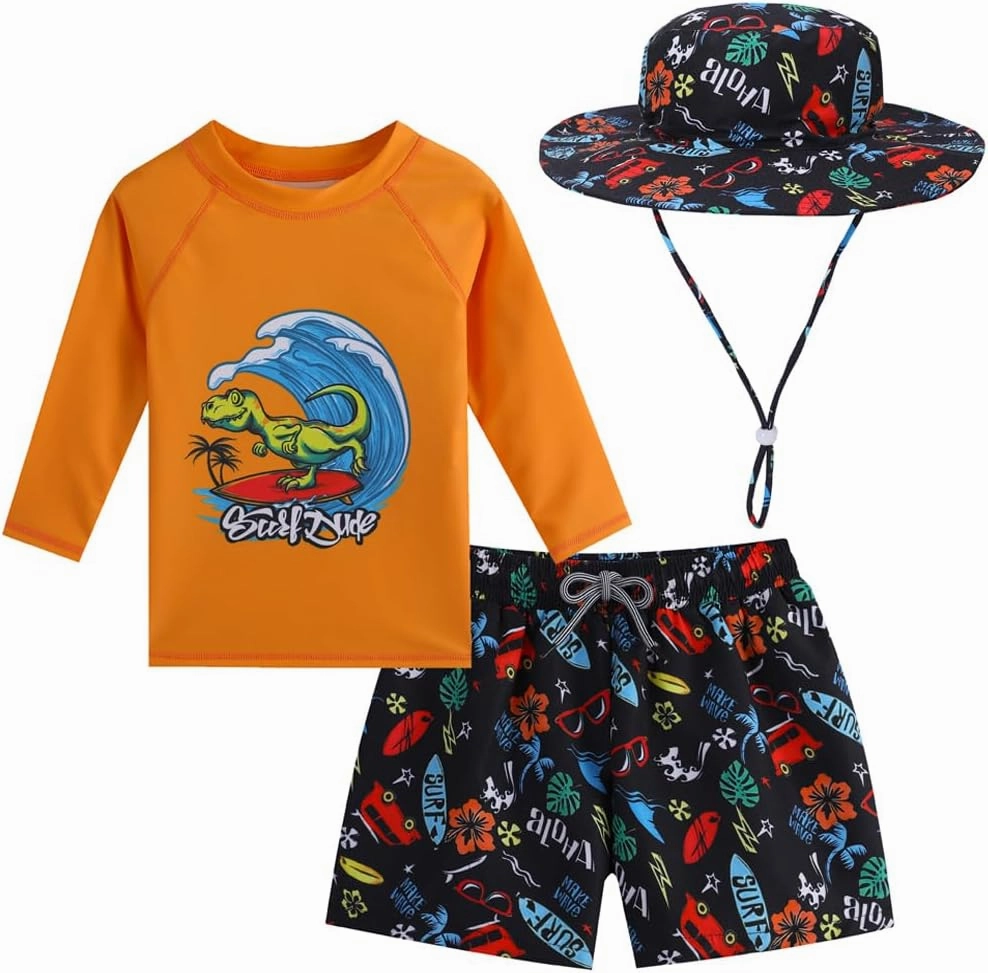 Baby Boys Swimsuit, 3-Piece Toddlers Swimsuit Trunk Long Sleeve Rashguard Swimwear and Sun Hat Set