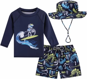 Baby Boys Swimsuit, 3-Piece Toddlers Swimsuit Trunk Long Sleeve Rashguard Swimwear and Sun Hat Set