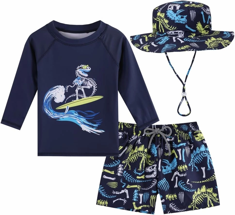 Baby Boys Swimsuit, 3-Piece Toddlers Swimsuit Trunk Long Sleeve Rashguard Swimwear and Sun Hat Set