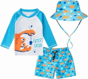 Baby-Boys Toddler Long Sleeved Rashguard Swim Bathing Suit and Sun Hat Set