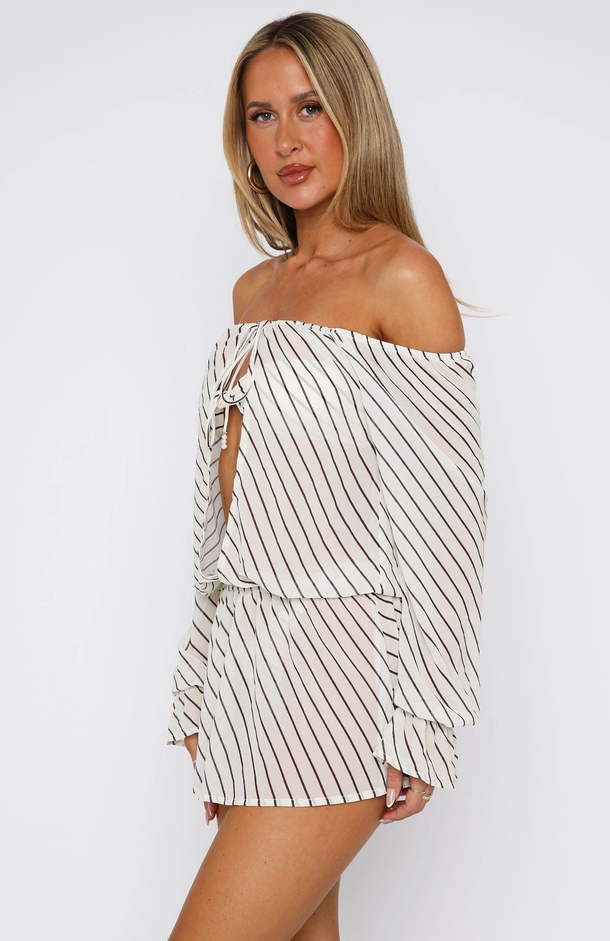 Back To Shore Long Sleeve Mini Dress Cream/Choc Stripe