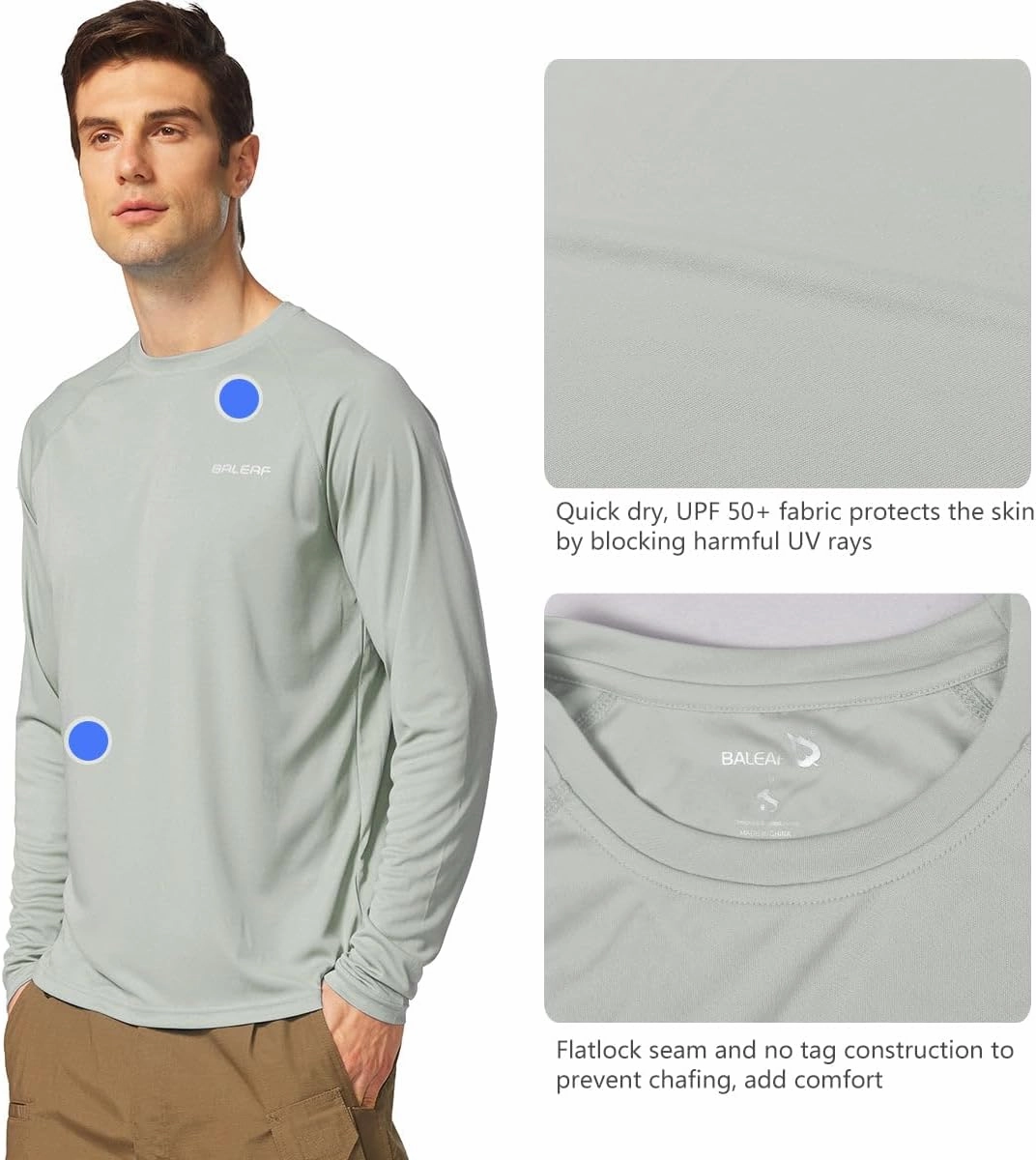 baleaf Men's Sun Protection Shirts UV SPF UPF 50  Long Sleeve Rash Guard Fishing Running Quick Dry Lightweight
