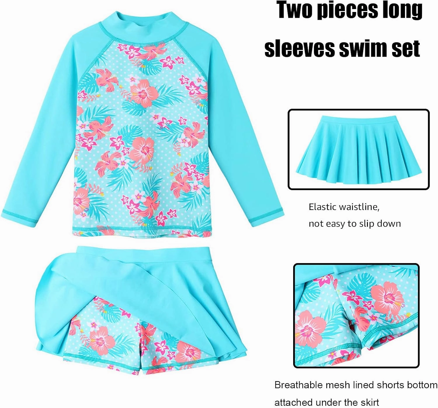 BAOHULU Girl's Two-Piece Long Sleeve Swimsuits UPF50  Rash Guard Kids Bathing Suit