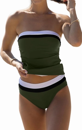 Beachsissi Bandeau Swimsuits for Women Strapless Swimwear Bathing Suits Tummy Control Color Block Tankini Sets