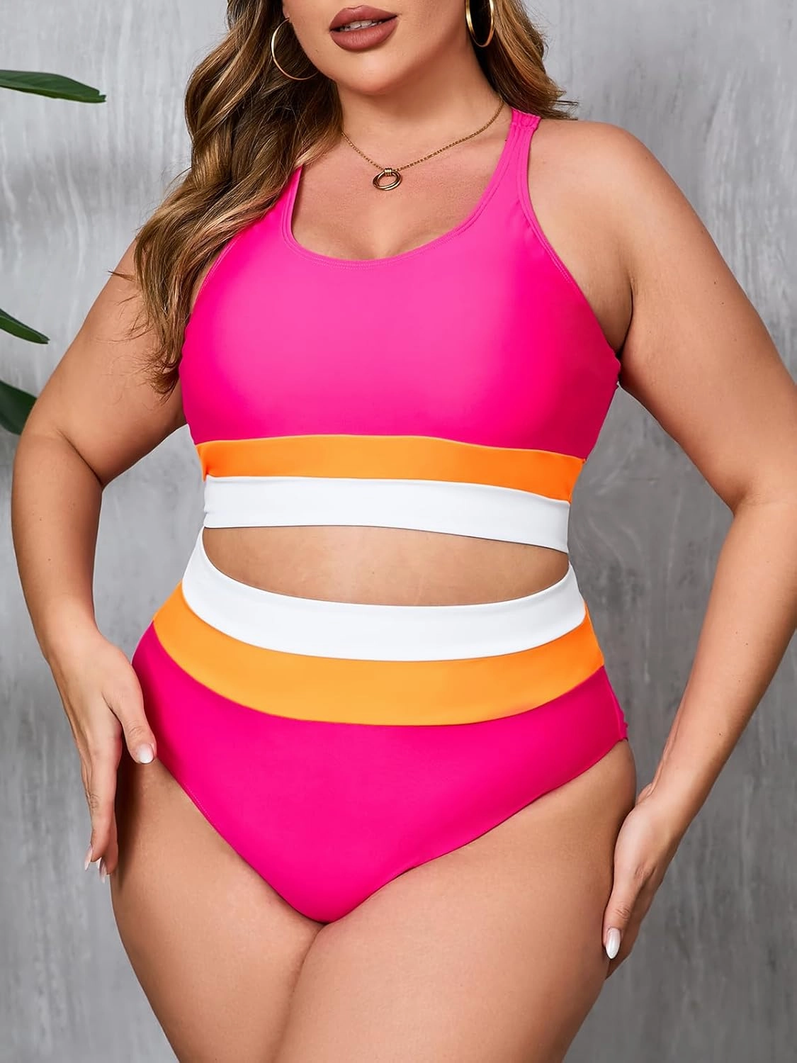 Beautife Womens Plus Size High Waisted Bikini Sets Color Block Two Piece Swimsuit Modest Sporty Bathing Suits
