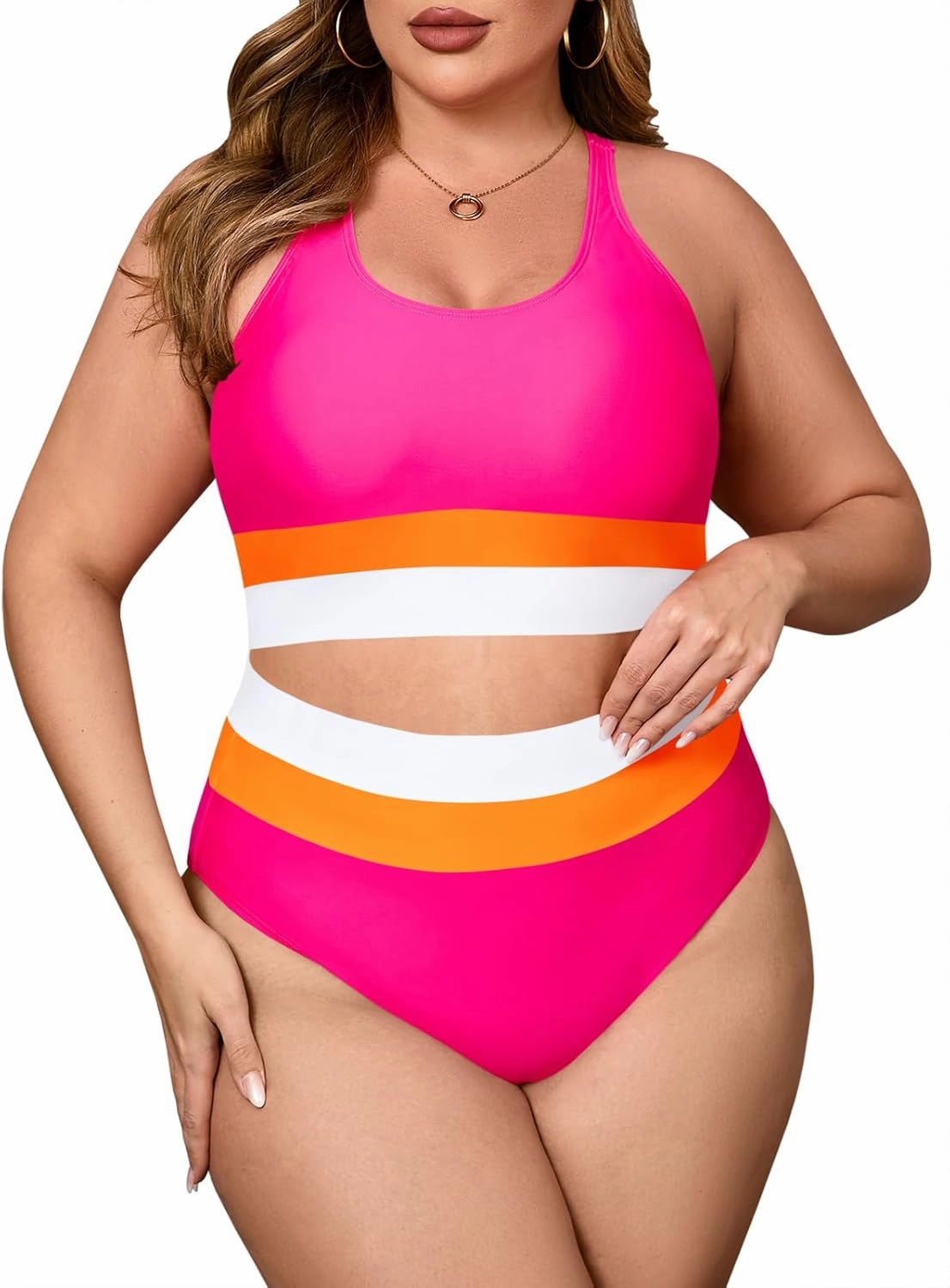 Beautife Womens Plus Size High Waisted Bikini Sets Color Block Two Piece Swimsuit Modest Sporty Bathing Suits