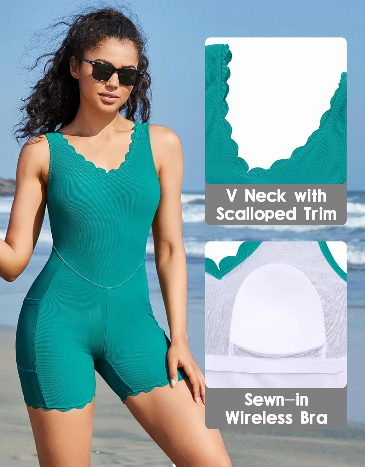 beautyin Womens Athletic One Piece Swimsuit Ribbed Boyleg Side Pocket Bathing Suit