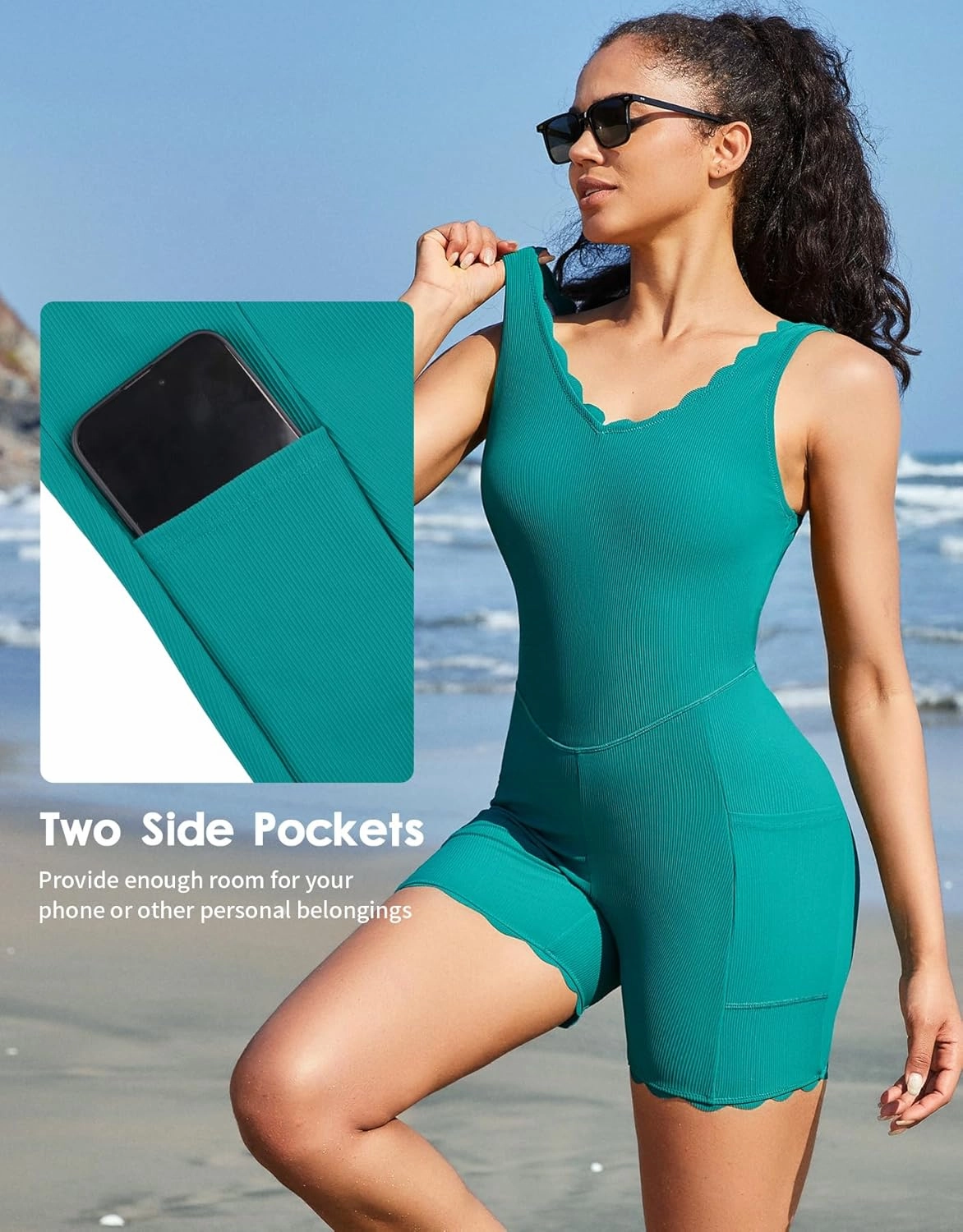 beautyin Womens Athletic One Piece Swimsuit Ribbed Boyleg Side Pocket Bathing Suit
