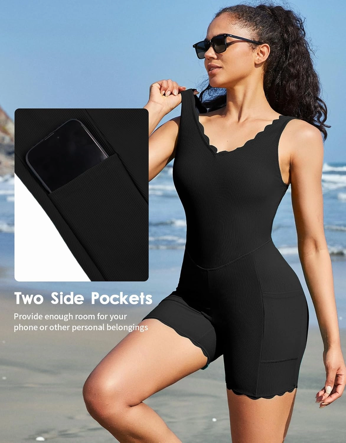 beautyin Womens Athletic One Piece Swimsuit Ribbed Boyleg Side Pocket Bathing Suit