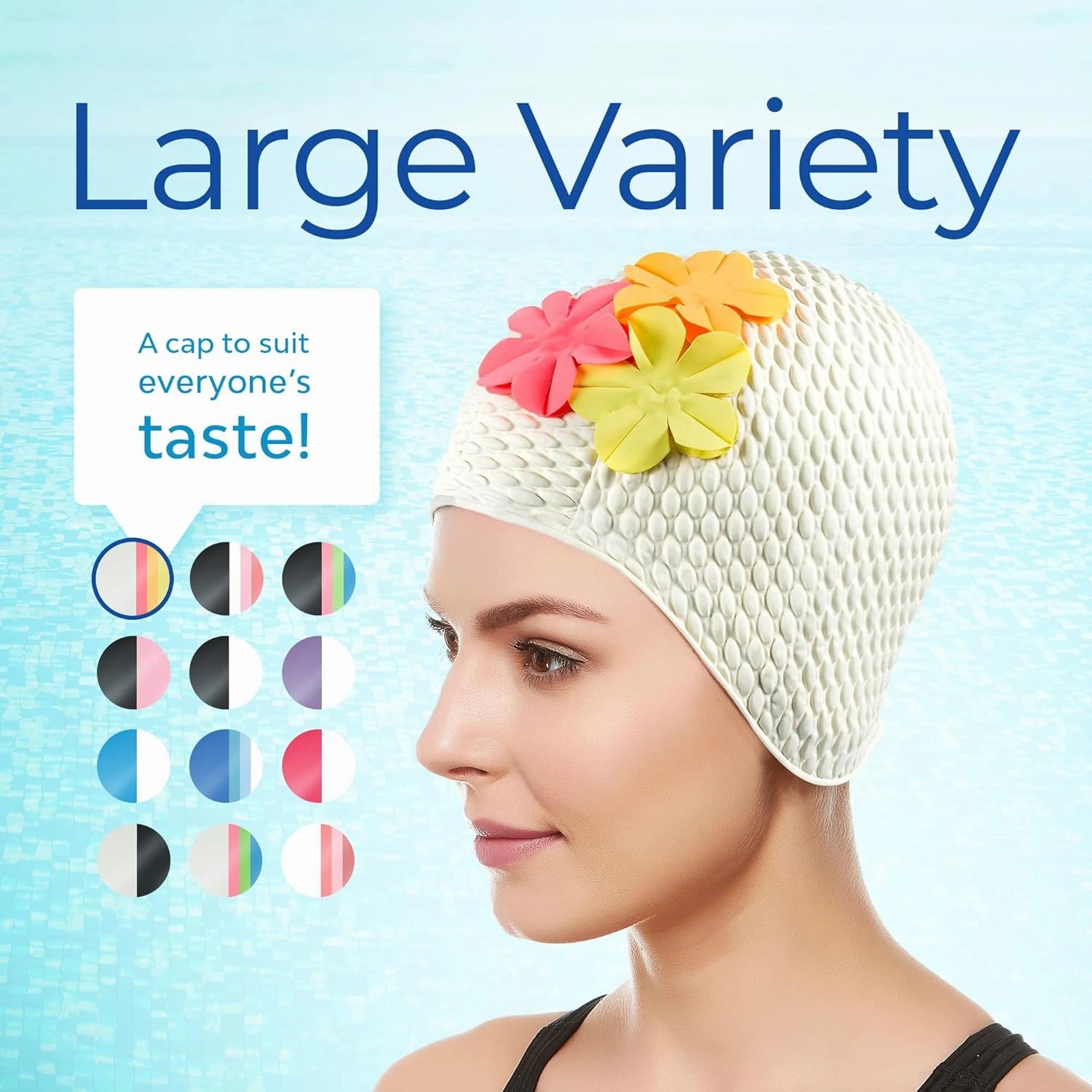 Beemo Latex Swimming Cap for Women, Swim Cap for Long Hair or Short Hair, Bath & Swim Caps to Shield Hair from Damage, Use as Large Shower Cap