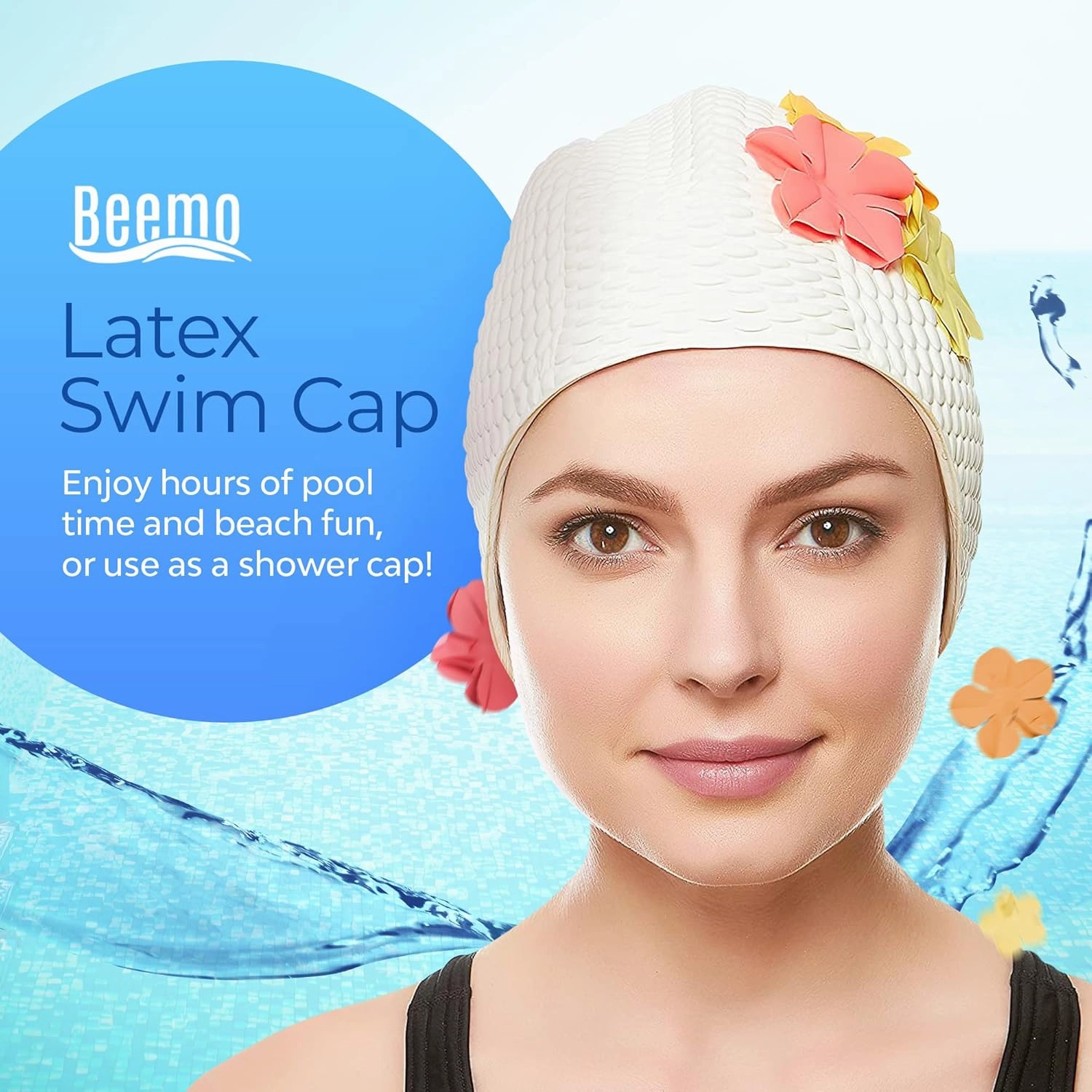 Beemo Latex Swimming Cap for Women, Swim Cap for Long Hair or Short Hair, Bath & Swim Caps to Shield Hair from Damage, Use as Large Shower Cap