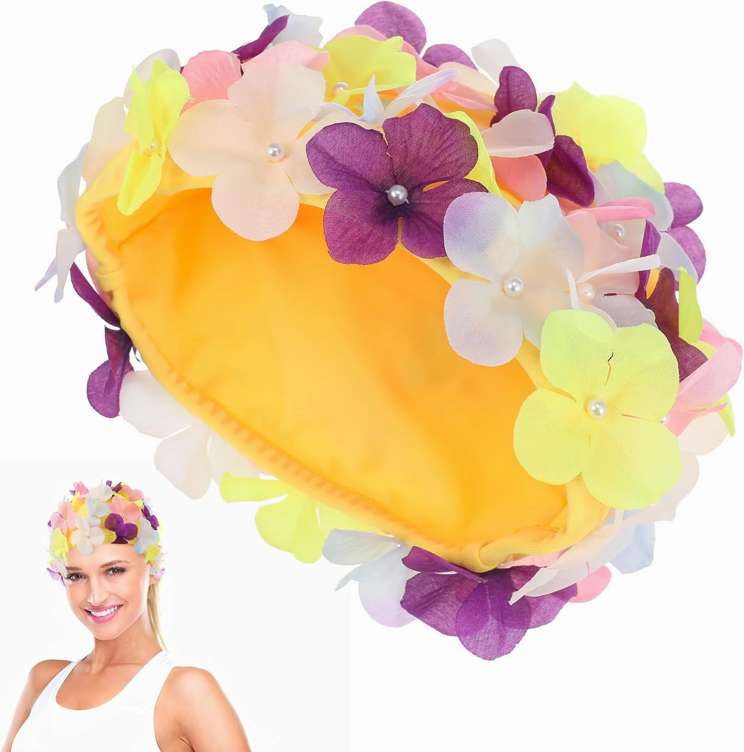 BESPORTBLE Swim Hats for Women - Flower Swim Cap with Stylish Pearls & 3D Petals - Portable Vacation Accessories - Size L - Bathing Caps for Swimming