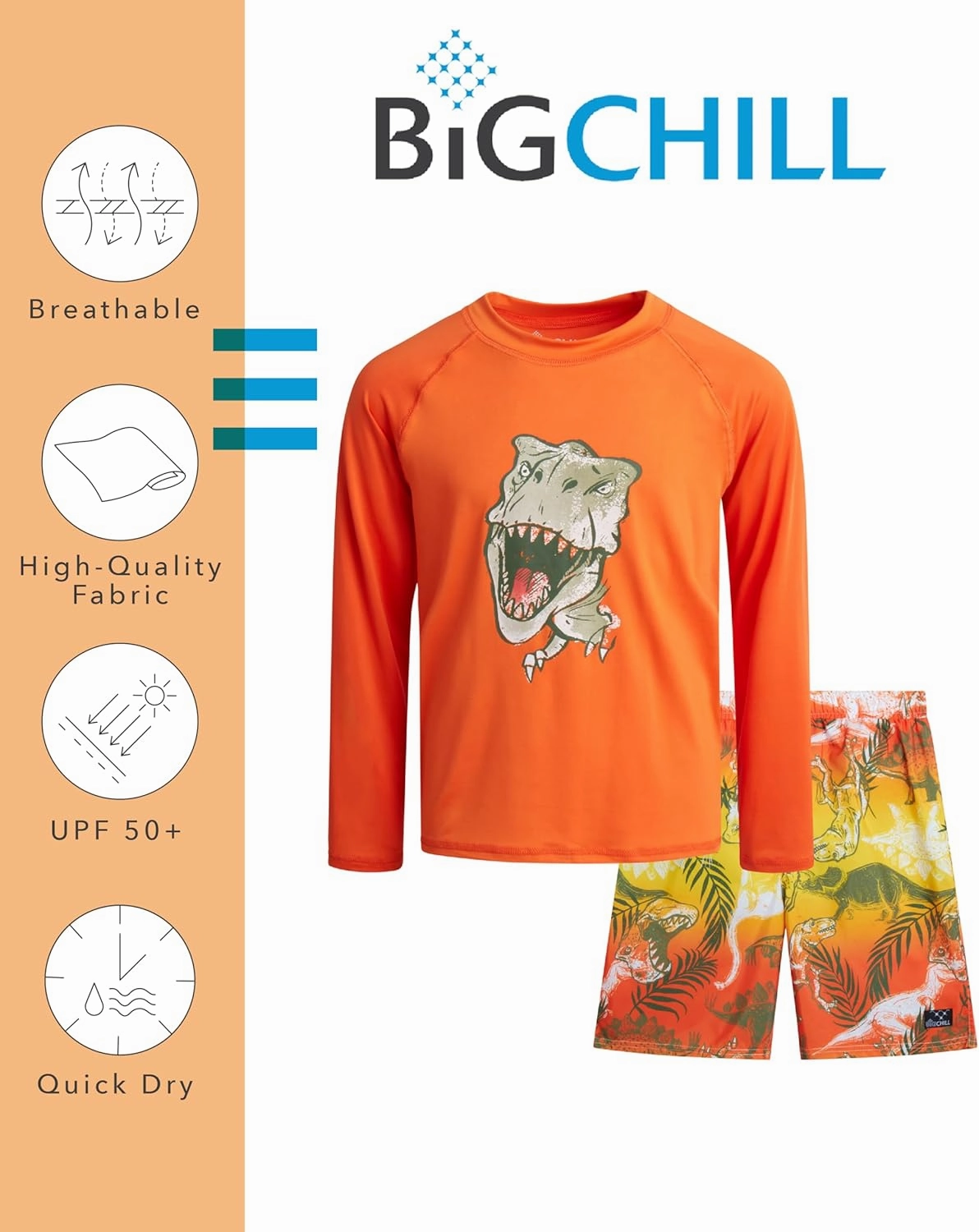 Big Chill Boys Rash Guard Set - 2 Piece UPF 50  Long Sleeve Swim Shirt and Bathing Suit Swim Trunks for Boys (Sizes: 4-14)